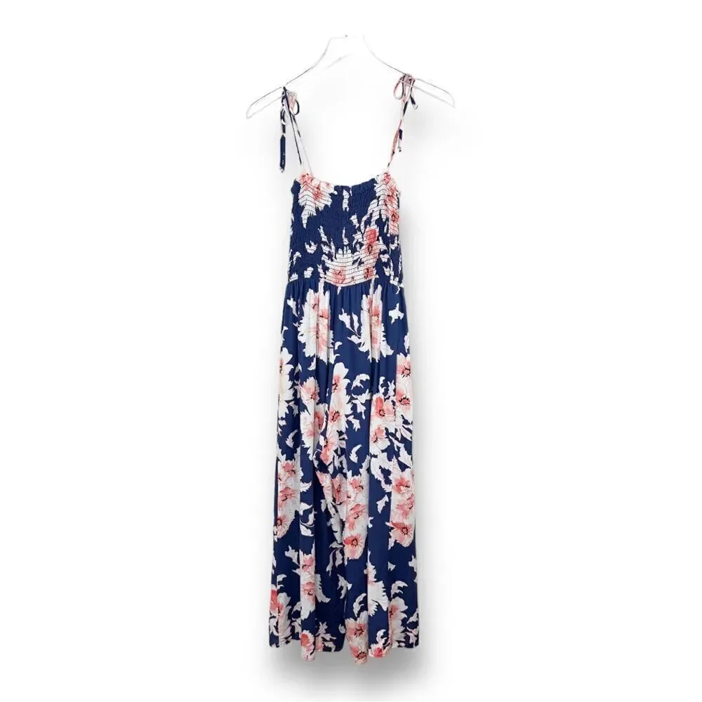 Aqua Smocked Top Blue‎ Floral Wide Cropped Leg Jumpsuit M - Picture 2 of 12